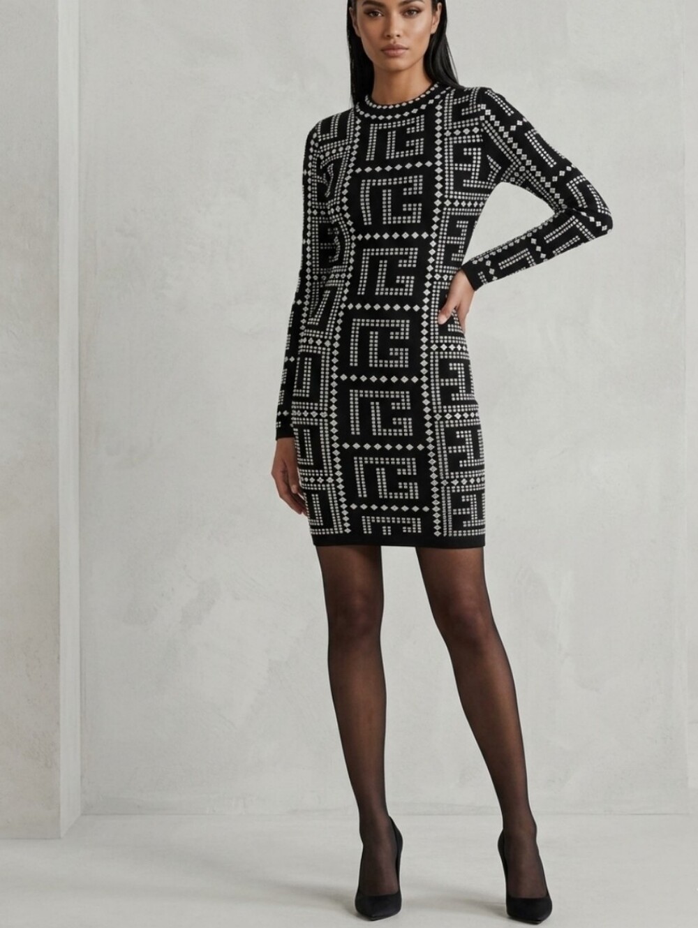 Monogram Jacquard Knit Bodycon Fitted Long Sleeve Dress